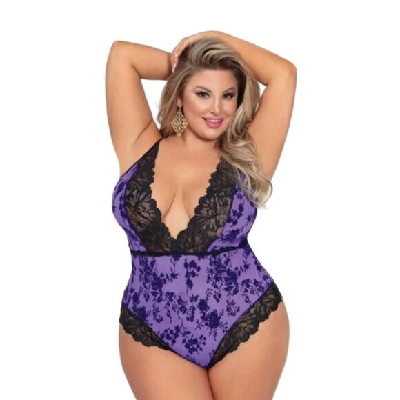 NWT SEVEN TIL MIDNIGHT Purple Black Flocked Lace Lingerie Womens Size 1X/2X - Picture 1 of 7
